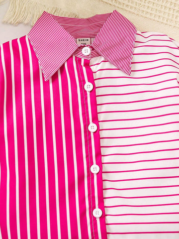 Young Girl Casual Commuter Energized Striped Lantern Sleeve Shirt With Thick & Thin Joint