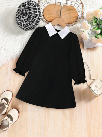 Young Girl Casual Contrast Collar Puff Long Sleeve Dress Autumn