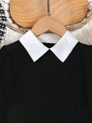 Young Girl Casual Contrast Collar Puff Long Sleeve Dress Autumn