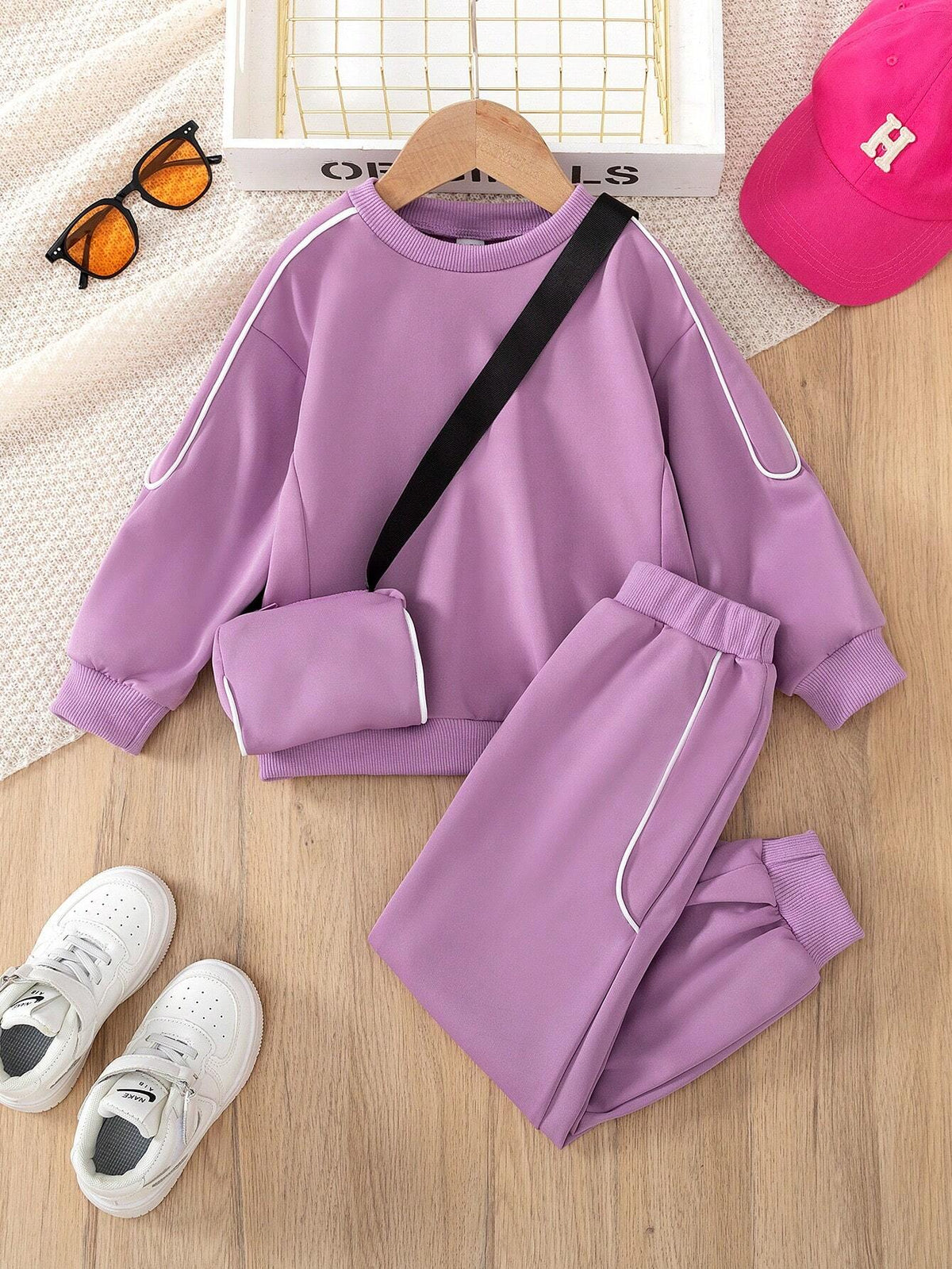 Young Girl Casual Contrast Piping Drop Shoulder Oversize Pullover Sweatshirt With Bag & Jogger Sweatpants