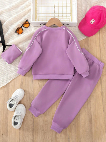 Young Girl Casual Contrast Piping Drop Shoulder Oversize Pullover Sweatshirt With Bag & Jogger Sweatpants