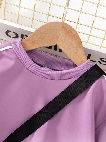 Young Girl Casual Contrast Piping Drop Shoulder Oversize Pullover Sweatshirt With Bag & Jogger Sweatpants
