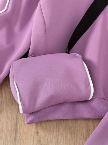 Young Girl Casual Contrast Piping Drop Shoulder Oversize Pullover Sweatshirt With Bag & Jogger Sweatpants