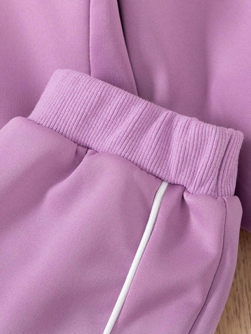 Young Girl Casual Contrast Piping Drop Shoulder Oversize Pullover Sweatshirt With Bag & Jogger Sweatpants