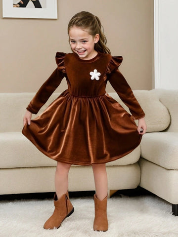 Young Girl Casual Countryside Style Cute Floral Decor Velvet Crew Neck Ruffle Hem Long Sleeve Cinched Waist Mid-Length Dress, Autumn/Winter