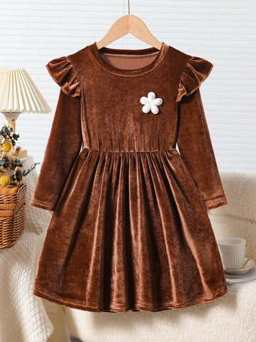 Young Girl Casual Countryside Style Cute Floral Decor Velvet Crew Neck Ruffle Hem Long Sleeve Cinched Waist Mid-Length Dress, Autumn/Winter