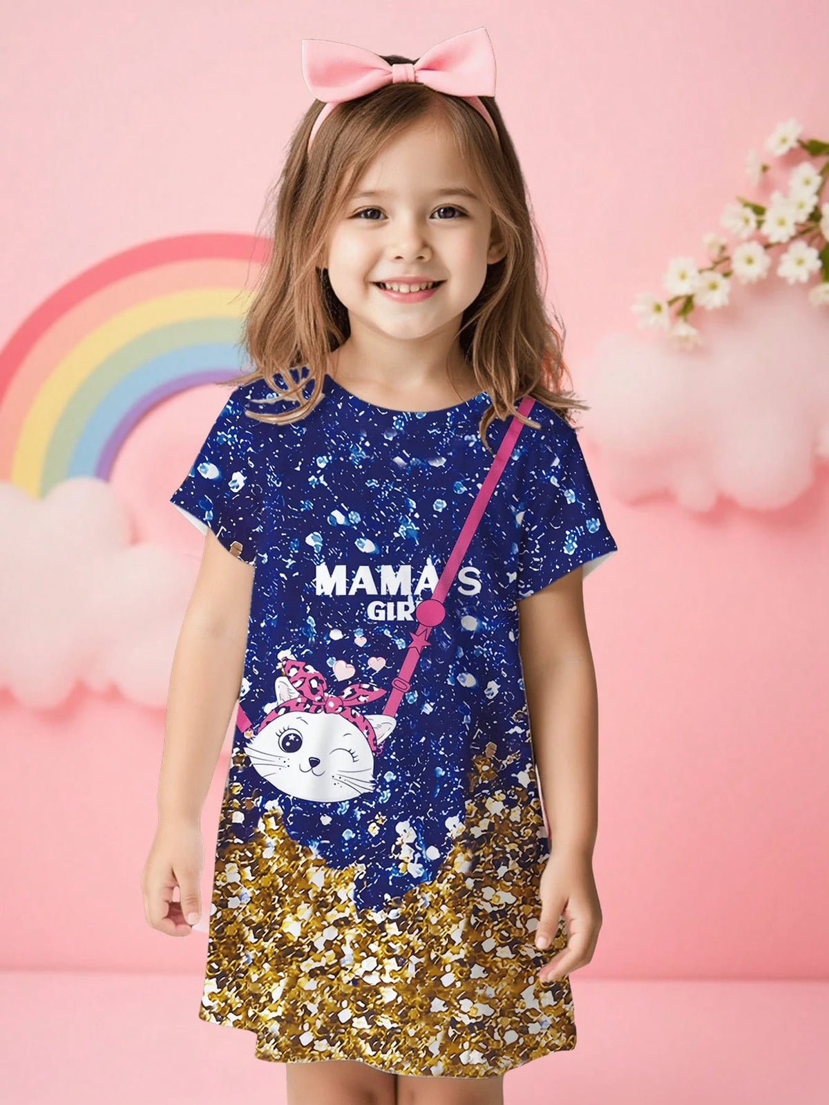 Young Girl Casual Creative Cute Cat Pattern & Slogan Print Short Sleeve T-Shirt