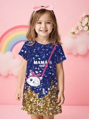 Young Girl Casual Creative Cute Cat Pattern & Slogan Print Short Sleeve T-Shirt