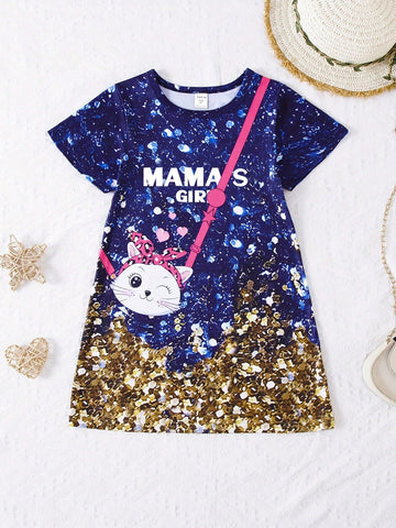 Young Girl Casual Creative Cute Cat Pattern & Slogan Print Short Sleeve T-Shirt