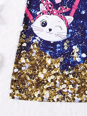 Young Girl Casual Creative Cute Cat Pattern & Slogan Print Short Sleeve T-Shirt