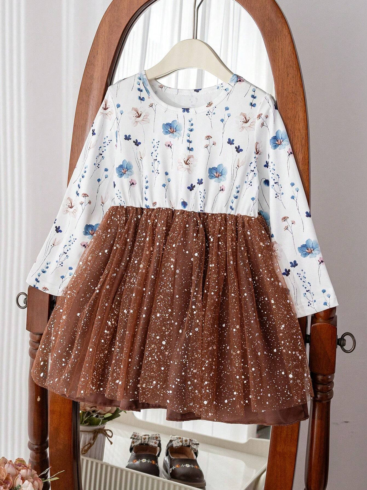 Young Girl Casual Crew Neck Long Sleeve Waist Gathered A-Line Floral Print Mesh Patchwork Fall Winter Dress