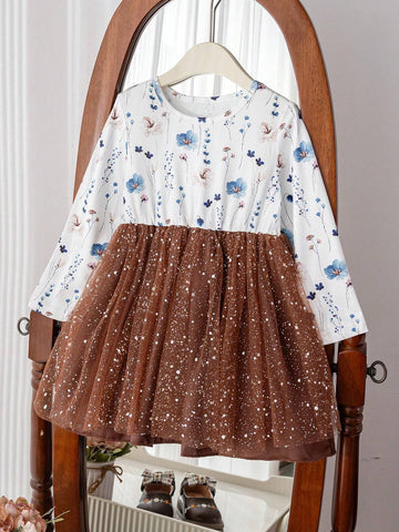 Young Girl Casual Crew Neck Long Sleeve Waist Gathered A-Line Floral Print Mesh Patchwork Fall Winter Dress