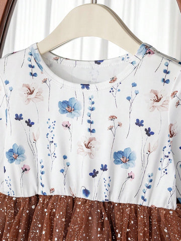 Young Girl Casual Crew Neck Long Sleeve Waist Gathered A-Line Floral Print Mesh Patchwork Fall Winter Dress