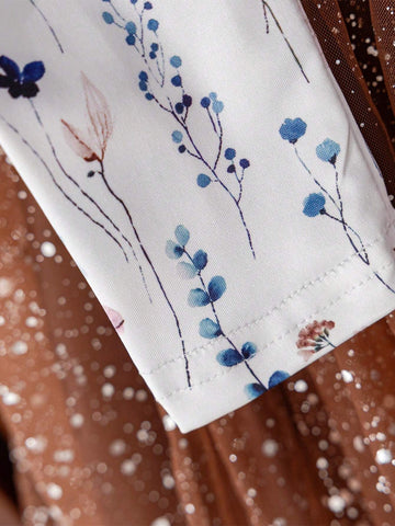 Young Girl Casual Crew Neck Long Sleeve Waist Gathered A-Line Floral Print Mesh Patchwork Fall Winter Dress