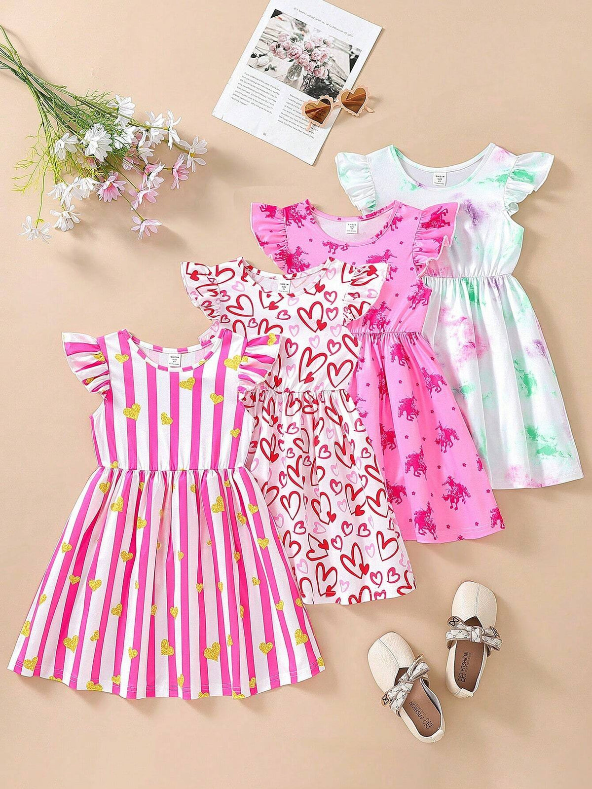 Young Girl Casual Cute Digital Printed Cap Sleeve Cinched Waist Dress, 4pcs/Set For Summer