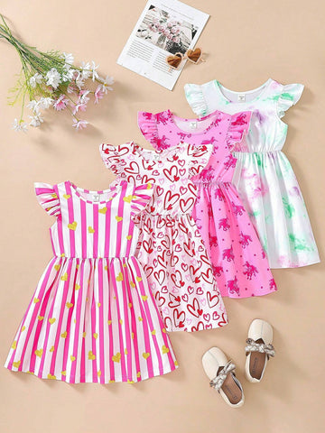 Young Girl Casual Cute Digital Printed Cap Sleeve Cinched Waist Dress, 4pcs/Set For Summer