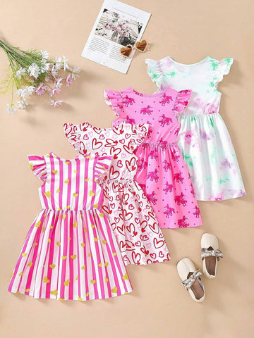 Young Girl Casual Cute Digital Printed Cap Sleeve Cinched Waist Dress, 4pcs/Set For Summer