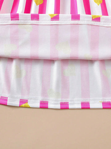 Young Girl Casual Cute Digital Printed Cap Sleeve Cinched Waist Dress, 4pcs/Set For Summer