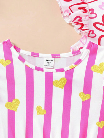 Young Girl Casual Cute Digital Printed Cap Sleeve Cinched Waist Dress, 4pcs/Set For Summer