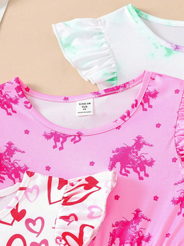 Young Girl Casual Cute Digital Printed Cap Sleeve Cinched Waist Dress, 4pcs/Set For Summer