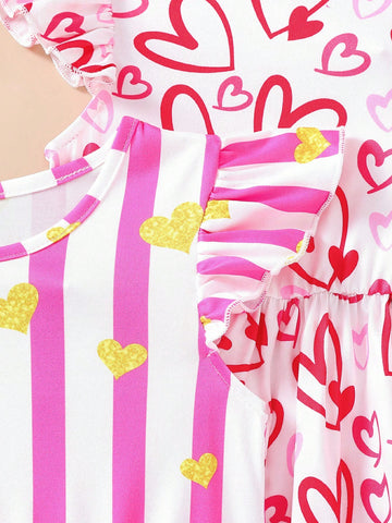 Young Girl Casual Cute Digital Printed Cap Sleeve Cinched Waist Dress, 4pcs/Set For Summer