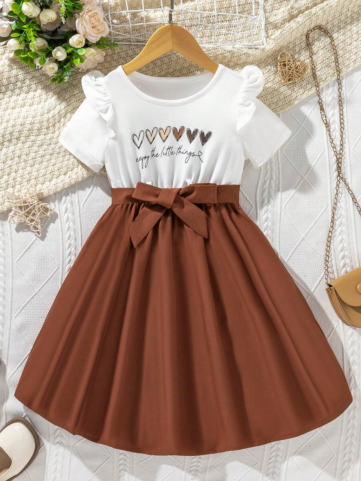 Young Girl' Casual Cute Heart & Letter Print Bow Tie Waist Round Neck Short Sleeve Dress, Suitable For Summer
