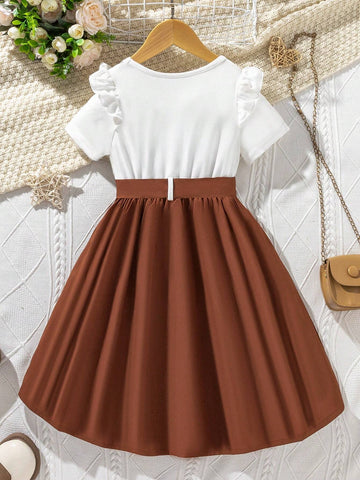 Young Girl' Casual Cute Heart & Letter Print Bow Tie Waist Round Neck Short Sleeve Dress, Suitable For Summer