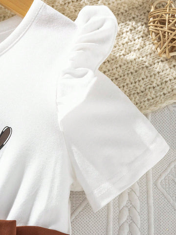 Young Girl' Casual Cute Heart & Letter Print Bow Tie Waist Round Neck Short Sleeve Dress, Suitable For Summer