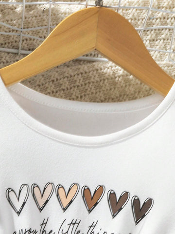 Young Girl' Casual Cute Heart & Letter Print Bow Tie Waist Round Neck Short Sleeve Dress, Suitable For Summer