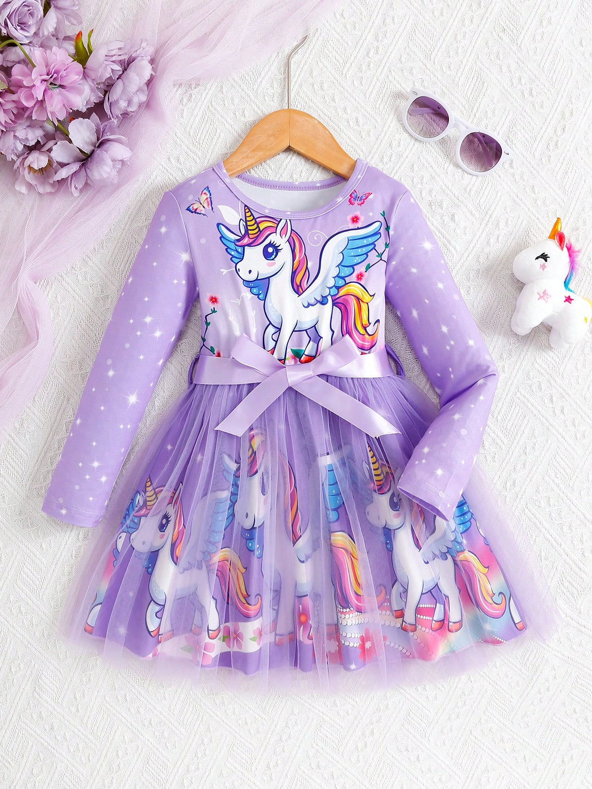 Young Girl Casual Cute Horse Print Long Sleeve Mesh Decorated Dress, Suitable For Spring & Autumn