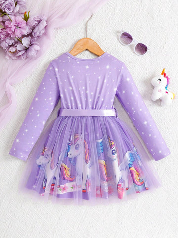 Young Girl Casual Cute Horse Print Long Sleeve Mesh Decorated Dress, Suitable For Spring & Autumn