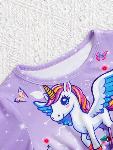 Young Girl Casual Cute Horse Print Long Sleeve Mesh Decorated Dress, Suitable For Spring & Autumn