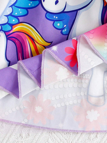 Young Girl Casual Cute Horse Print Long Sleeve Mesh Decorated Dress, Suitable For Spring & Autumn