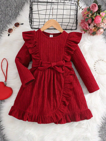 Young Girl Casual Cute Knitted Solid Textured Round Neck Long Sleeve Ruffle Trim Patchwork Dress