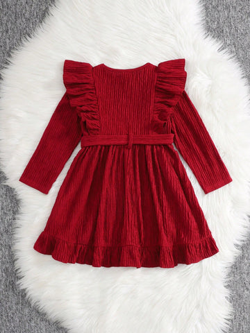 Young Girl Casual Cute Knitted Solid Textured Round Neck Long Sleeve Ruffle Trim Patchwork Dress