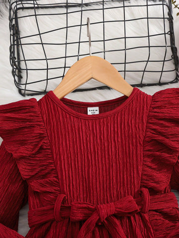 Young Girl Casual Cute Knitted Solid Textured Round Neck Long Sleeve Ruffle Trim Patchwork Dress