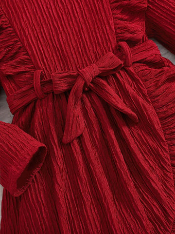 Young Girl Casual Cute Knitted Solid Textured Round Neck Long Sleeve Ruffle Trim Patchwork Dress