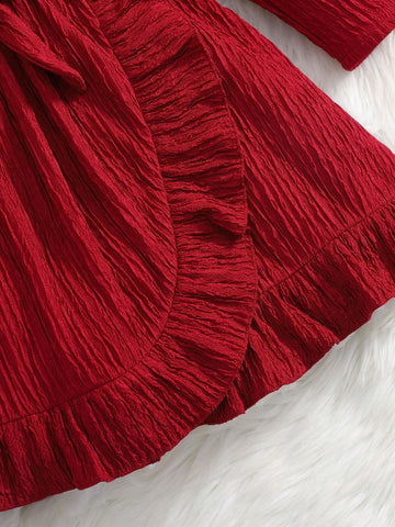 Young Girl Casual Cute Knitted Solid Textured Round Neck Long Sleeve Ruffle Trim Patchwork Dress