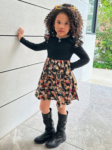 Young Girl Casual Cute Resort Floral Patchwork Long Sleeve Knit Dress
