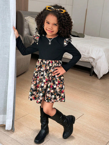 Young Girl Casual Cute Resort Floral Patchwork Long Sleeve Knit Dress