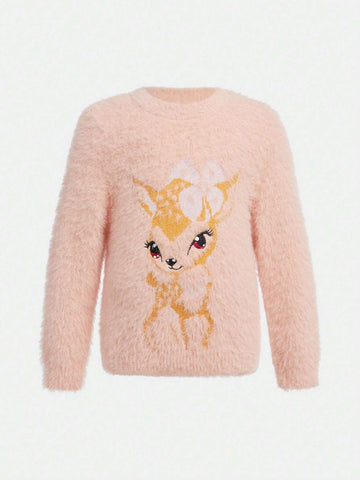 Young Girl Casual Cute School Style Comfortable Fashion Versatile Jacquard Elk Pattern Round Neck Sweater