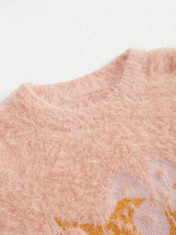 Young Girl Casual Cute School Style Comfortable Fashion Versatile Jacquard Elk Pattern Round Neck Sweater