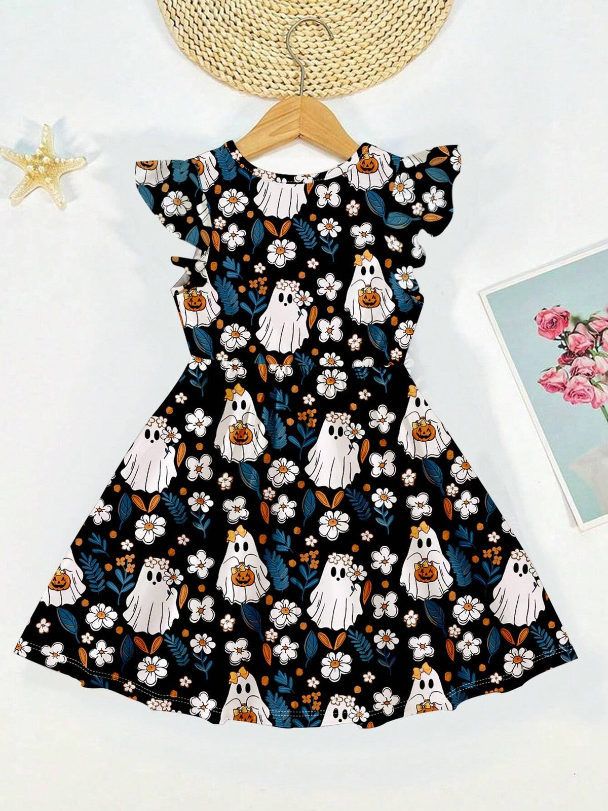 Young Girl Casual Cute Sweet Bow, Cartoon Flower, Pumpkin, Ghost Pattern Printed Long Sleeve A-Line Dress
