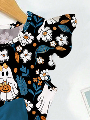 Young Girl Casual Cute Sweet Bow, Cartoon Flower, Pumpkin, Ghost Pattern Printed Long Sleeve A-Line Dress