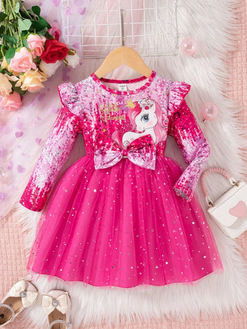 Young Girl Casual Cute Unicorn Print Bow Decor Mesh Patchwork Dress, Autumn