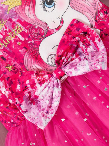 Young Girl Casual Cute Unicorn Print Bow Decor Mesh Patchwork Dress, Autumn