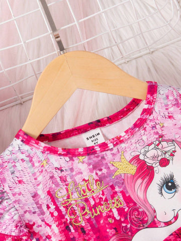 Young Girl Casual Cute Unicorn Print Bow Decor Mesh Patchwork Dress, Autumn