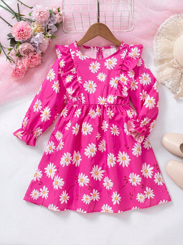 Young Girl' Casual Daisy Print Ruffle Hem Bow Tie Long Sleeve Dress, Spring/Autumn