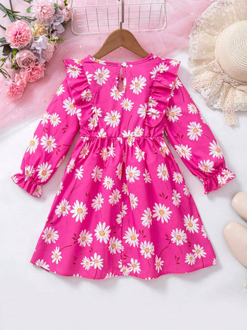 Young Girl' Casual Daisy Print Ruffle Hem Bow Tie Long Sleeve Dress, Spring/Autumn