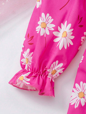 Young Girl' Casual Daisy Print Ruffle Hem Bow Tie Long Sleeve Dress, Spring/Autumn